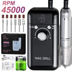Electric Nail Drill Professional 45000RPM - Rechargeable Nail Drill Kit Portable Electric Nail File With Complete Bits For Acrylic Nails Gel Poli (Color: Black)