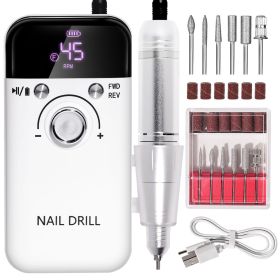 Electric Nail Drill Professional 45000RPM - Rechargeable Nail Drill Kit Portable Electric Nail File With Complete Bits For Acrylic Nails Gel Poli (Color: White)
